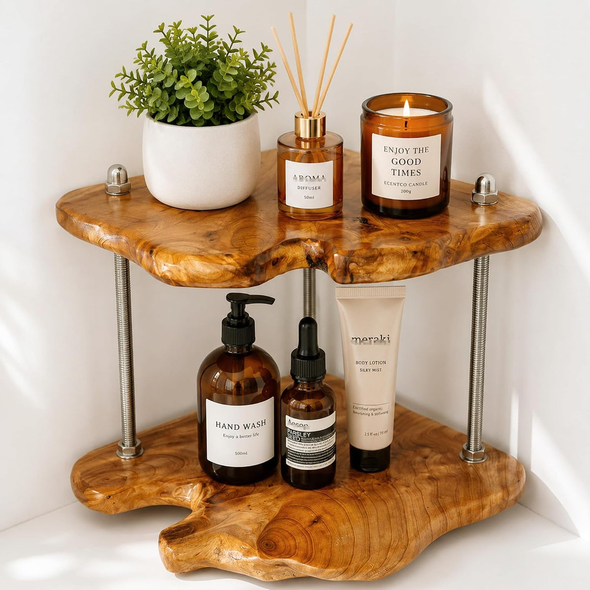 Bathroom Counter Always Cluttered? Try Going Vertical in the Corner