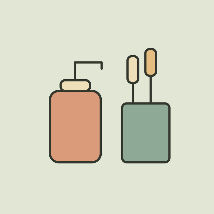 Illustration of a terracotta soap dispenser and a sage toothbrush holder.