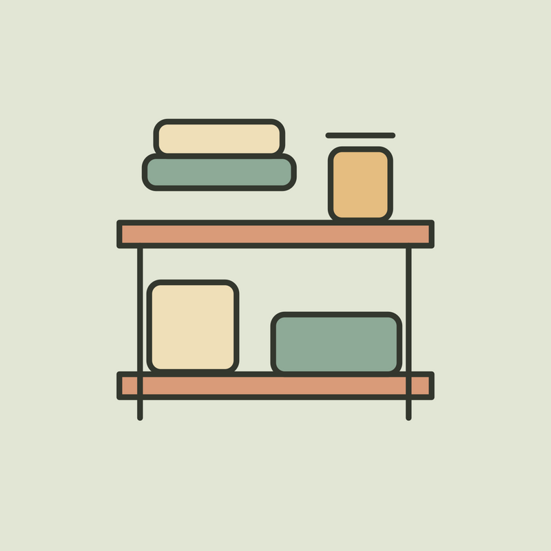 Illustration of bathroom shelves holding folded towels and storage jars.