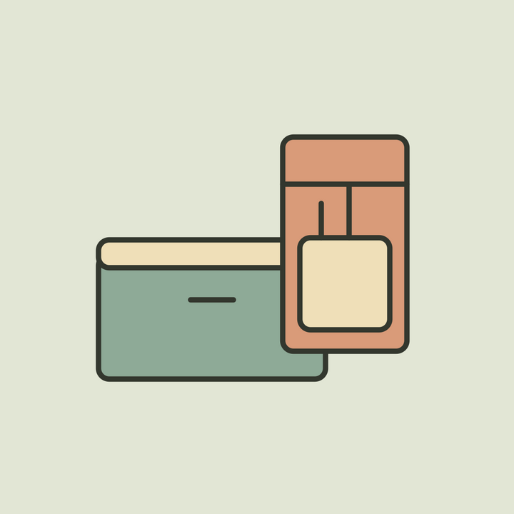 Illustration of a terracotta bedside caddy beside a sage under bed storage box.