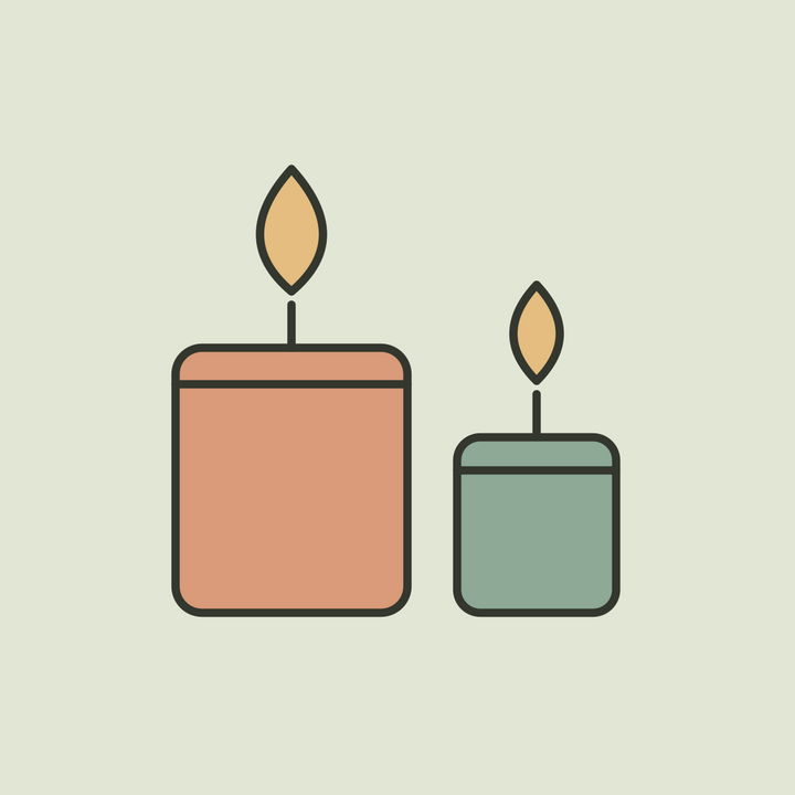 Illustration of terracotta and sage jar candles with small ochre flames.