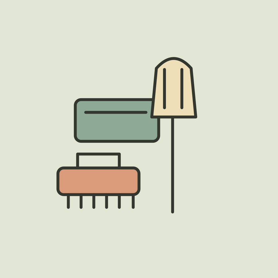 Illustration of a terracotta scrub brush, a sage cleaning cloth and a long-handled duster.