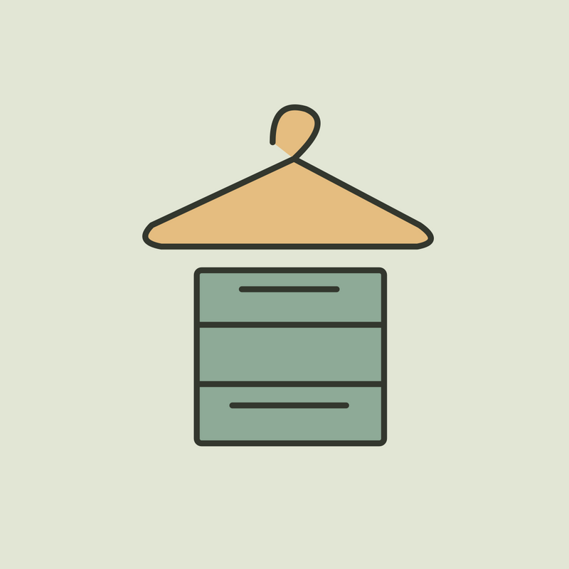 Illustration of an ochre clothes hanger above a sage hanging closet organizer.