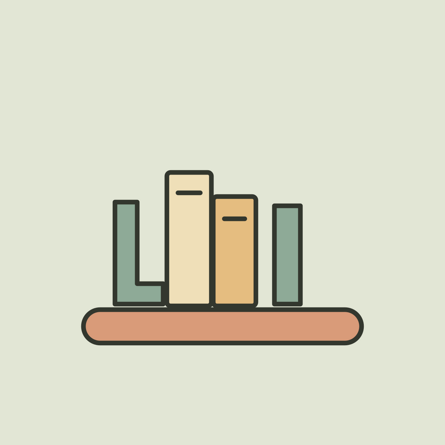 Illustration of sage bookends and books on a terracotta decorative tray.