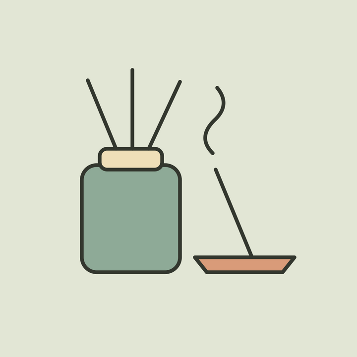 Illustration of a sage reed diffuser beside a terracotta incense holder.