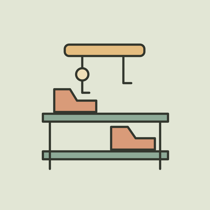 Illustration of a sage shoe rack with terracotta shoes and wall-mounted keys.
