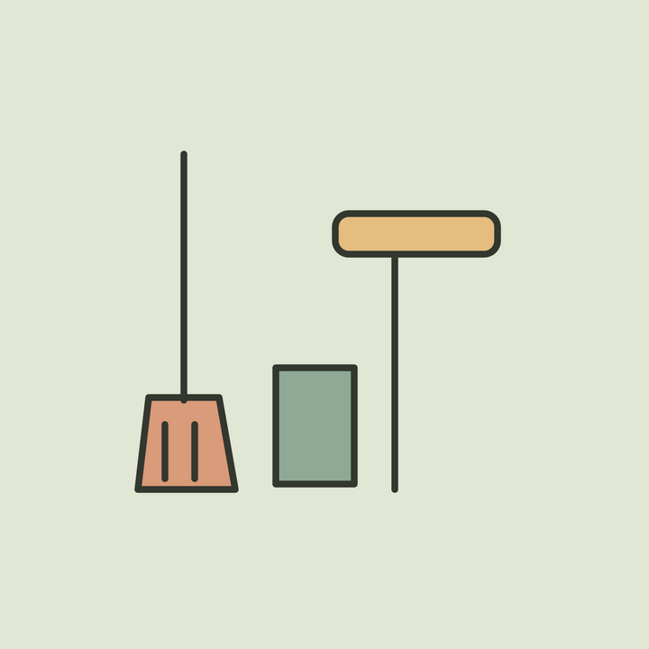 Illustration of a terracotta broom, sage dustpan and ochre window squeegee.