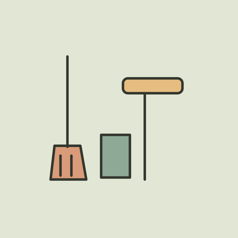 Illustration of a terracotta broom, sage dustpan and ochre window squeegee.