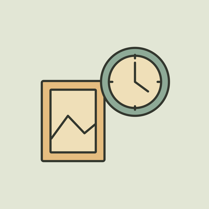 Illustration of an ochre picture frame beside a round sage wall clock.