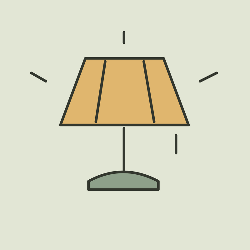 Illustration of a table lamp with an ochre shade and sage base.
