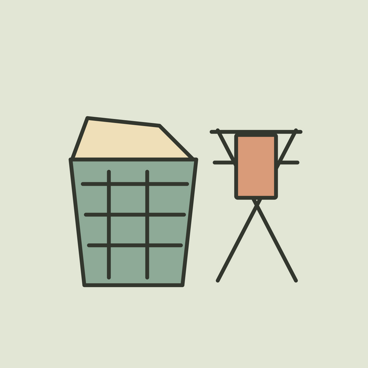 Illustration of a sage laundry basket filled with cream linens beside a drying rack.