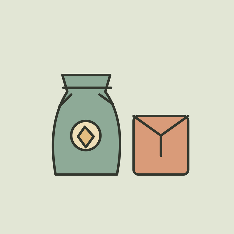 Illustration of a sage charcoal bag beside a terracotta drawer sachet.