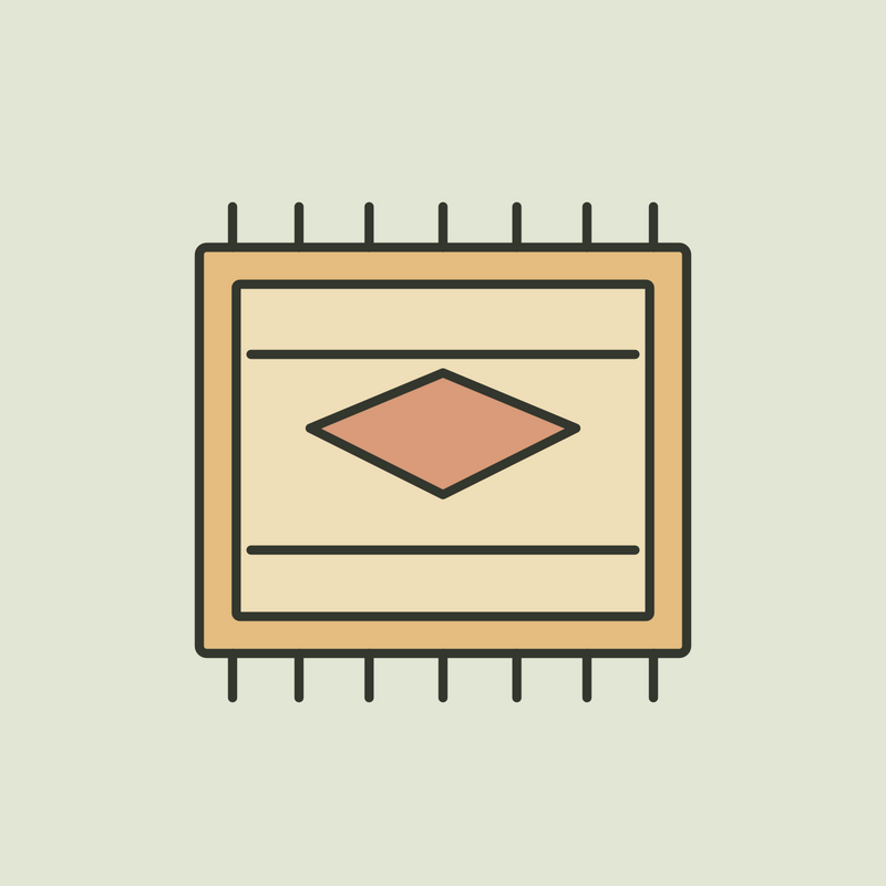 Illustration of a fringed ochre area rug with a terracotta diamond pattern.