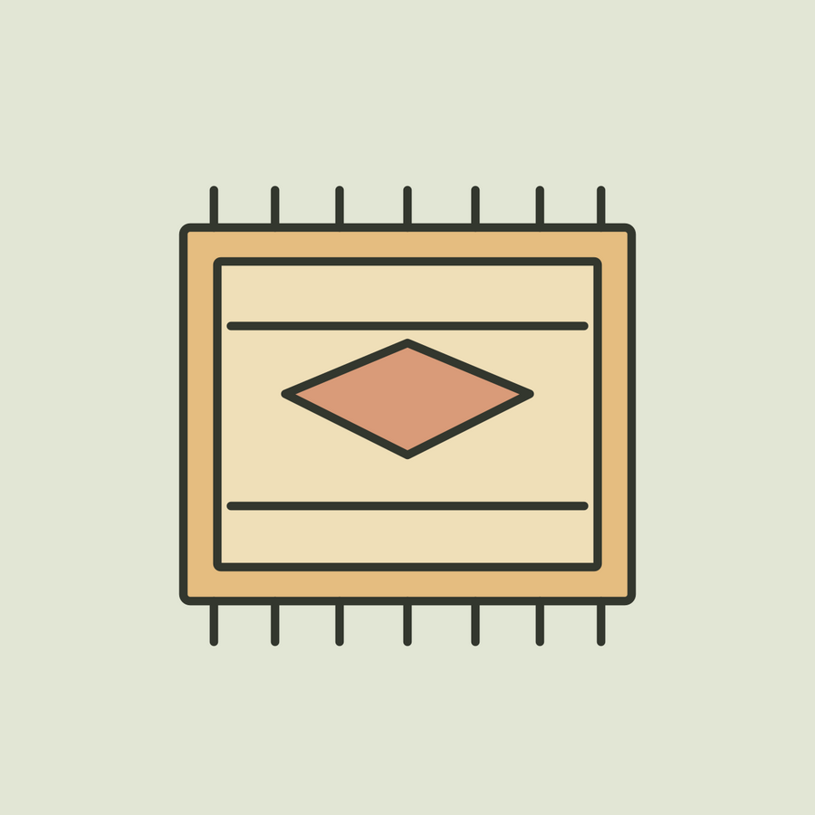 Illustration of a fringed ochre area rug with a terracotta diamond pattern.
