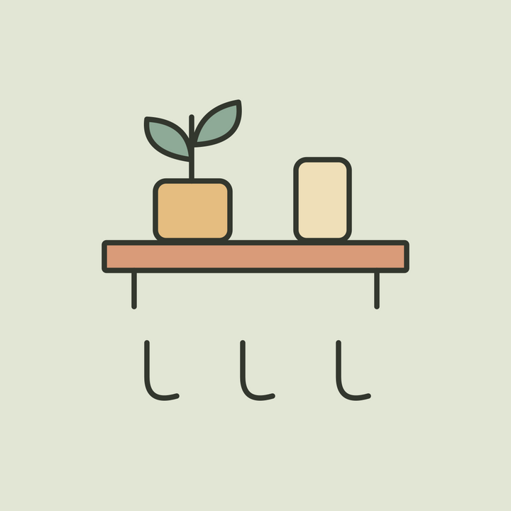 Illustration of a terracotta floating shelf with a plant and three wall hooks.