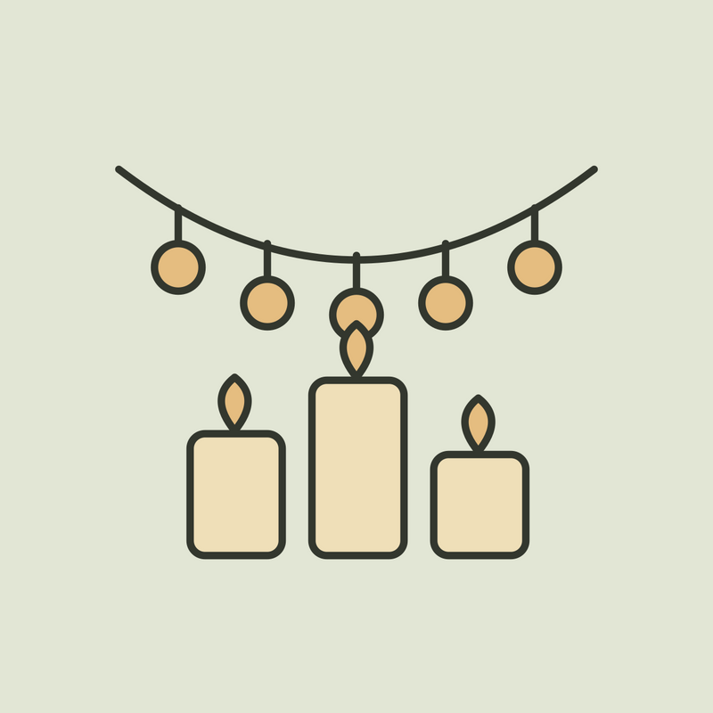 Illustration of hanging string lights above three cream LED candles.