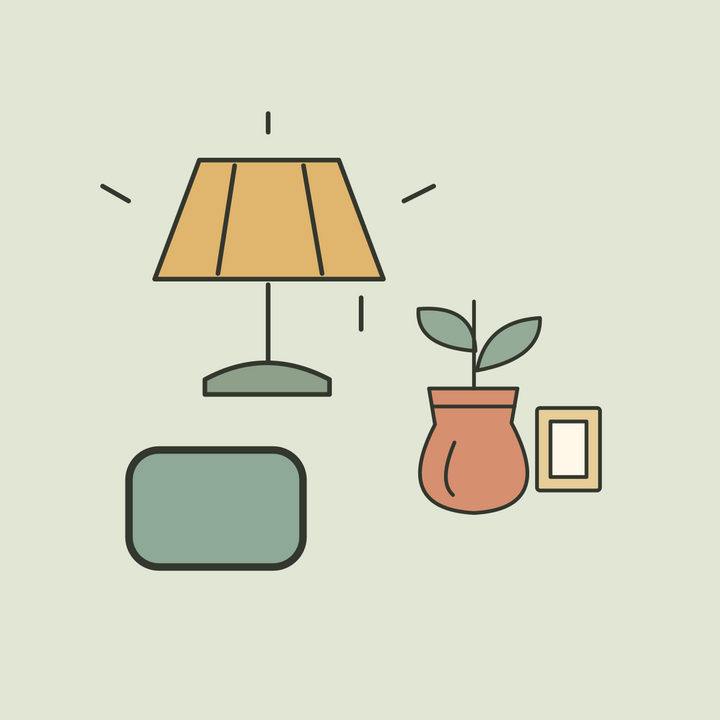 Illustration of a table lamp, leafy vase and cushion in sage, ochre and terracotta.
