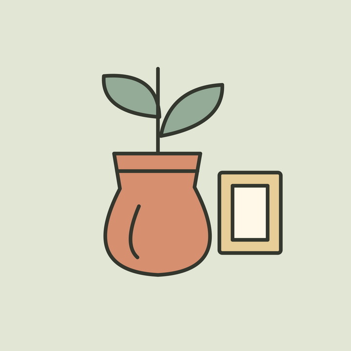 Illustration of a terracotta vase with sage leaves beside a small picture frame.