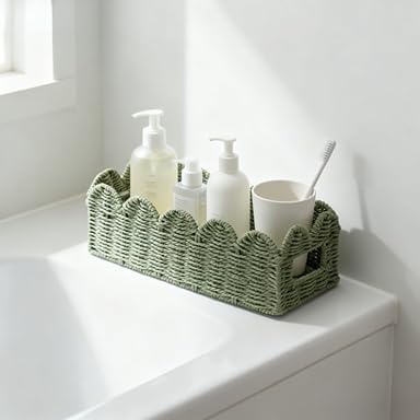 Sage Green Scalloped Basket, Toilet Tank Tray, Back of Toilet