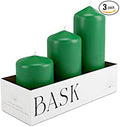 Bask Cone Top Pillar Candles - Elegant Green Candles - Set of 3 Green Pillar Candles - 3"x4", 3"x6", and 3" x8 - Smokeless and Dripless Decorative Candles for Home Decor and Relaxation
