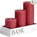 BASK Mottled Pillar Candles - Unscented Burgundy Candles Set of 3 - Dripless, Smokeless for All Occasions
