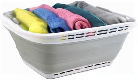 SAMMART 42L (11 gallons) Collapsible Plastic Laundry Hamper/Basket - Foldable Storage Container/Organizer - Portable Laundry Basket - Easy Storage Space Saving (White/Light Grey)