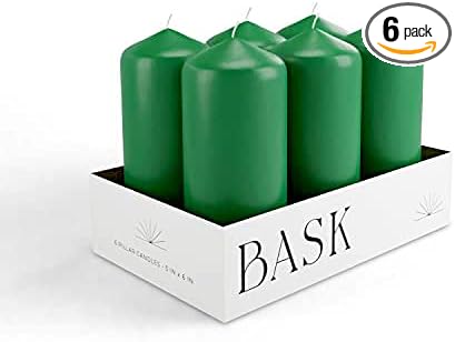 Cone Top Pillar Candles by Bask - Set of 6-3" x 6" Dripless Unscented Holiday Candles in Green for Home Decor, Relaxation & All Occasions