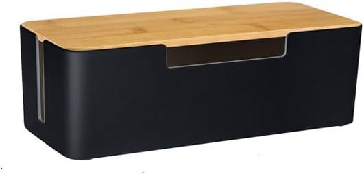 Cable Management Box, Cord Organizer Box with Bamboo Lid, Black