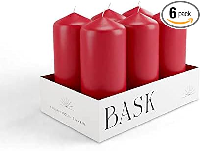 Cone Top Pillar Candles by Bask - Set of 6-3" x 6" Dripless Unscented Holiday Candles in Red for Home Decor, Relaxation & All Occasions