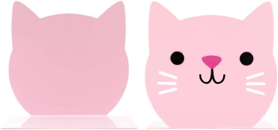 Lovely Pink Cat Kids Bookends Student Book Ends Cartoon Metal Bookends Office Desk School Library Decoration Bookshelf Book Organizer for Christmas Birthday Back to School Gift Gift
