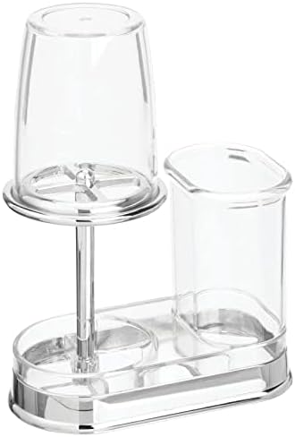 mDesign Plastic Toothpaste and Toothbrush Holder Center with Cup/Cover - Organizer for Bathroom Vanity Countertop - Holds Paste, Floss, Accessories - Hyde Collection - Clear
