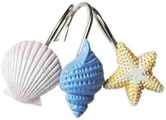 Twofishes Blue Seashell Shower Curtain Hooks S/12 Ocean White Starfish Style Shower Curtain Rings Pack of 12 Oecan Shell Shower Rings Set of 12