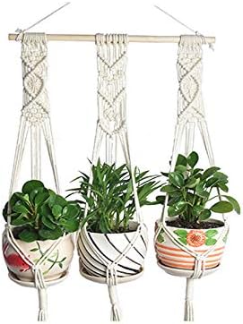 Macrame Plant Hanger with Wooden Dowel Three Tier Wall Hanging Planter Basket for Indoor Outdoor Flower Pot Plant Holder Wall Art Vintage-Inspired Home Boho Decor, Cotton Rope 4 Legs 41 inch
