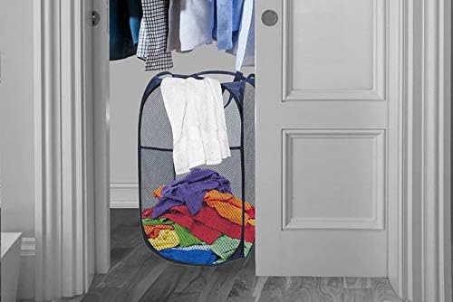 Portable Mesh Popup Laundry Hamper with Durable Handles, Folding Pop-Up Clothes Hampers Collapsible for Storage, Travel Cloth Basket Great for Home Kids Room, College Dorm, Travel(Dark Blue)