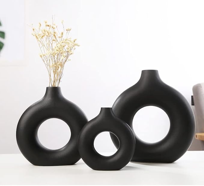 White Ceramic Vases for Pampas Grass,Water Drop Design Doughnut vase Modern Home Decor Minimalist Nordic Boho Ins Style (Black Mini)