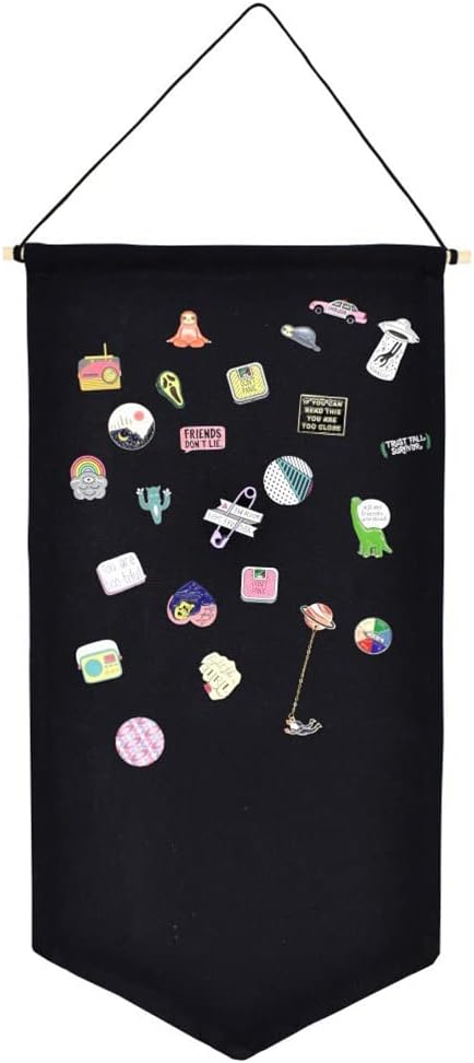 Wall Hanging Brooch Jewelry Storage Case Canvas Display Stand Enamel Pin Display Banner Holder Earrings Necklace Glitter Pin Collection Organizer (Black+Burlywood)