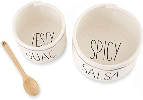 Mud Pie Salsa and Guac Bowl Set, Nesting Ceramic Dip Bowls with Wood Spoon
