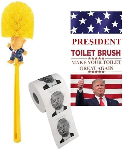 Trump Toilet Brush ＆ Toilet Paper Roll Set, Funny Gag Gift Toilet Bowl Brush for Bathroom Cleaning, Political Satire Products