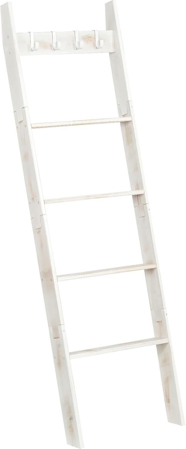 HOOBRO Blanket Ladder for Living Room and Bedroom, 5-Tier Wall Leaning Towel Rack for Bathroom, Decorative Ladder Shelf with 4 Removable Hooks, Farmhouse Blanket Storage, White WW51CJ01G1
