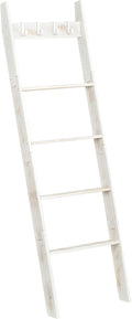HOOBRO Blanket Ladder for Living Room and Bedroom, 5-Tier Wall Leaning Towel Rack for Bathroom, Decorative Ladder Shelf with 4 Removable Hooks, Farmhouse Blanket Storage, White WW51CJ01G1