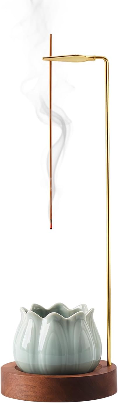 Incense Holder for Sticks with Ceramic Ash Catcher Wooden Base