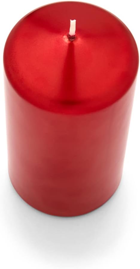 Metallic Cone Top Pillar Candles by Bask - Set of 3-3" x 6" Dripless Unscented Holiday Candles in Metallic Red for Home Decor, Relaxation & All Occasions