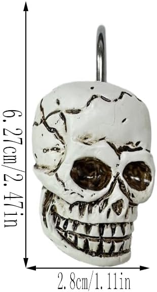 Decorative Shower Curtain Hooks, 12pcs Skull Resin Art Deco Rust Resistant Hooks Glide Shower Ring Hangs Holder Bling for Bathroom Baby Living Room Nursery Halloween Decoration