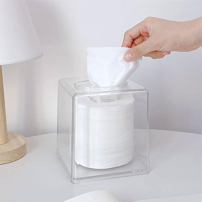 Cq acrylic Tissue Box Holder,Clear Square Tissue Box Cover for Kleenex Tissue Cube Box,Plastic Roll Tissue,Napkin,Facial Tissue Dispenser Box Case for Countertop,Bathroom,Kitchen,Home,Office,5.5 Inch