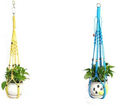 LANGUGU Macrame Plant Hanger with Metal Ring Wall Hanging Planter Basket for Indoor Outdoor Flower Pot Plant Holder Wall Art Vintage-Inspired Home Decor, Nylon Rope Beads, 4 Legs 37 inch (Yellow)