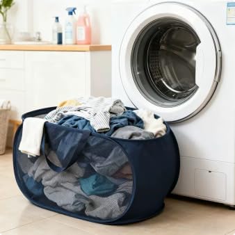 4 Piece Popup Mesh Laundry Basket Durable Handles Collapsible Laundry Baskets Folding Clothes Pastic Hamper for Laundry Room College Dorm (Navy Blue)