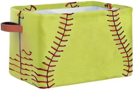Large Storage Baskets for Organizing Shelves Sport Softball Yellow Baseball Foldable Cube Storage Bins with Handles Rectangle Fabric Closet Organizers for Home Toys Nursery, 1 Pack