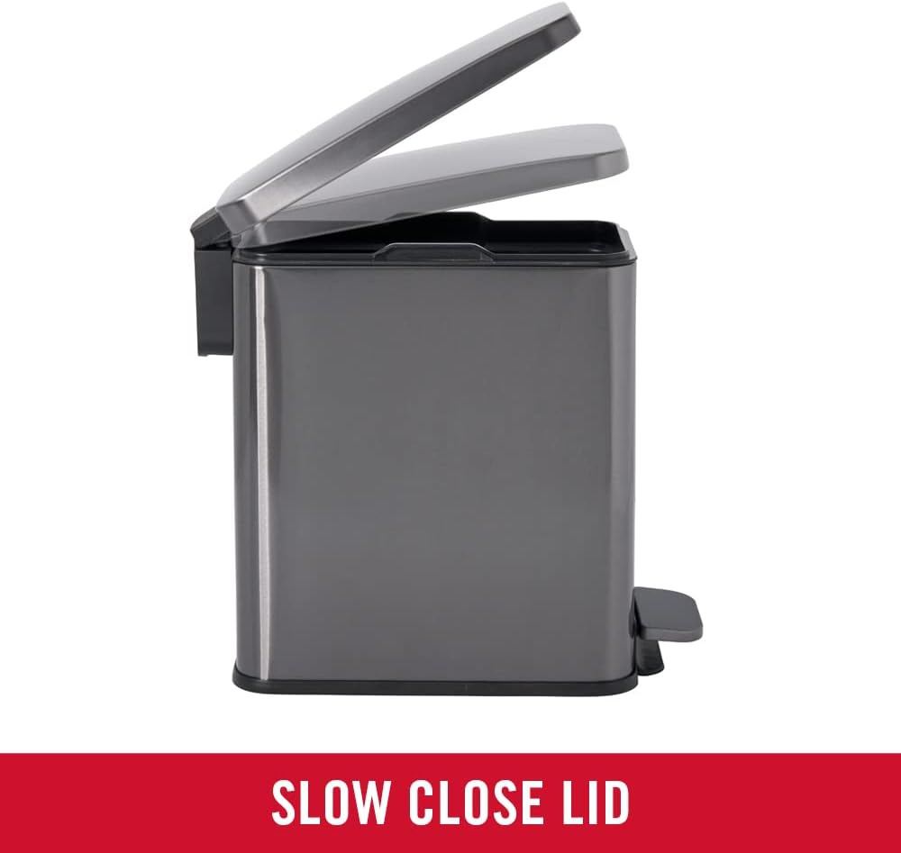 Rubbermaid Charcoal Stainless Steel Slim Step-On Trash Can, 2.6-Gallon, With Lid for Home/Bathroom/Kitchen