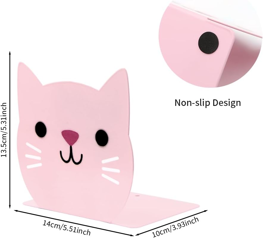 Lovely Pink Cat Kids Bookends Student Book Ends Cartoon Metal Bookends Office Desk School Library Decoration Bookshelf Book Organizer for Christmas Birthday Back to School Gift Gift