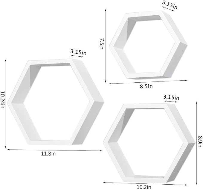 AHDECOR Hexagon Floating Shelves Set of 3, White Engineered Wood Wall Mounted Display Shelves, Modern Honeycomb Wall Decor for Living Room, Bedroom, Bathroom, Entryway, Office & Kitchen